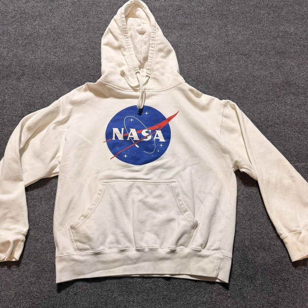 ACE APPAREL Hoodie Mens Large White NASA Logo Pullover Sweatshirt Space Graphic